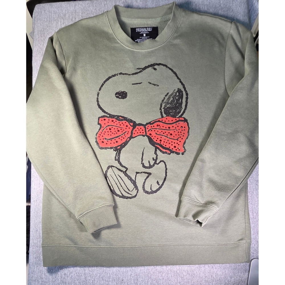 Peanuts Snoopy Rhinestone Bow Tie Sweatshirt Womens Medium Olive Green Pullover